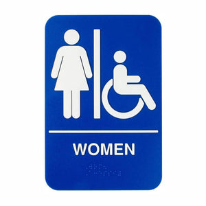 Women's Restroom & Handicap Sign with Braille - Blue and White, 9" x 6"