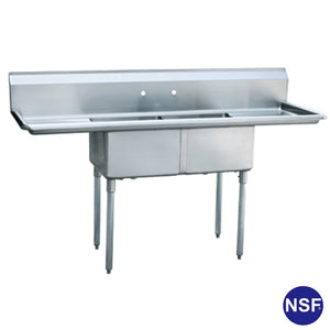 Two Compartment Stainless Steel Commercial Sink with Two Drainboards - 96"